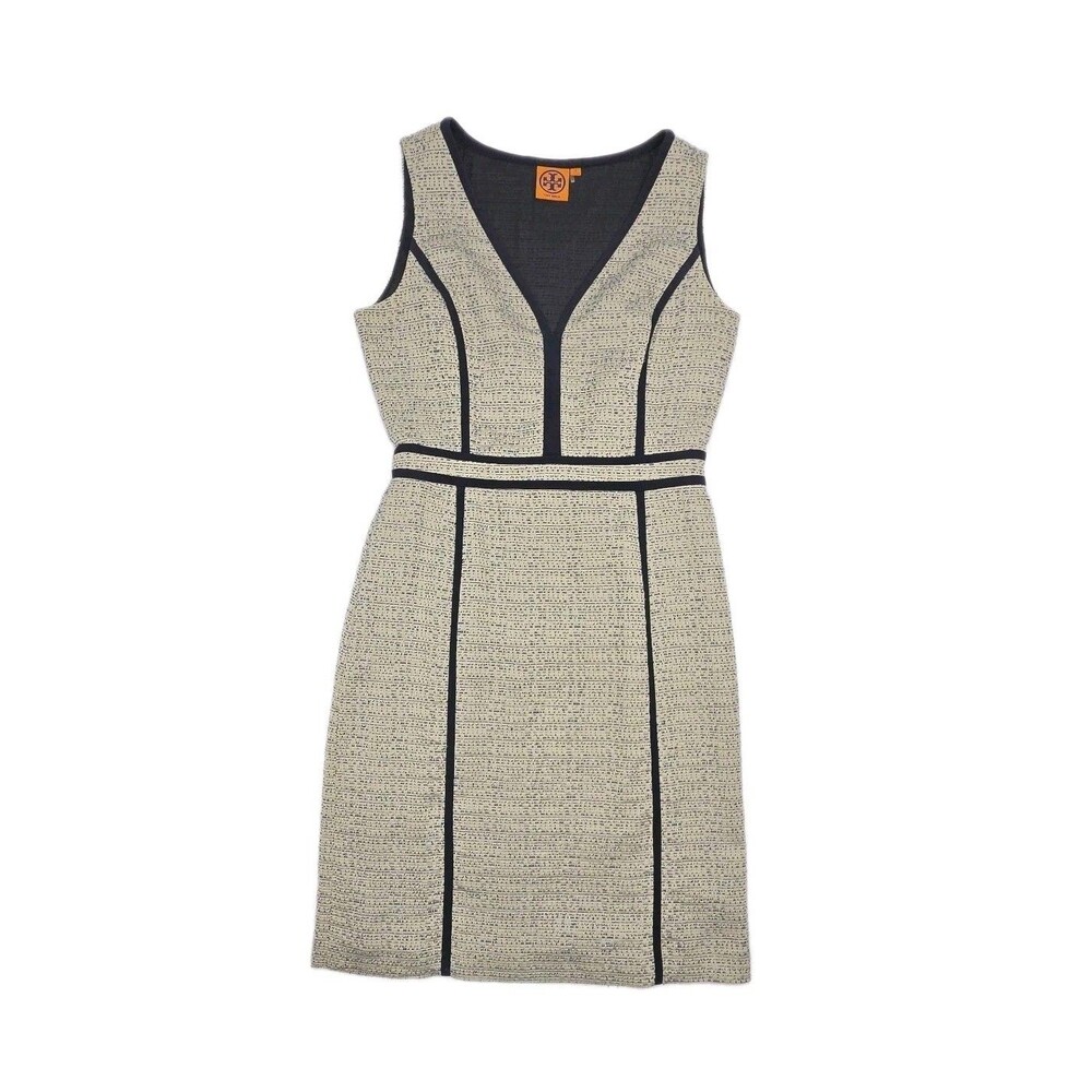 Tory Burch Dress Tweed Cream Navy V-Neck Women Sz 6 Shift Knee-Length Side Zip